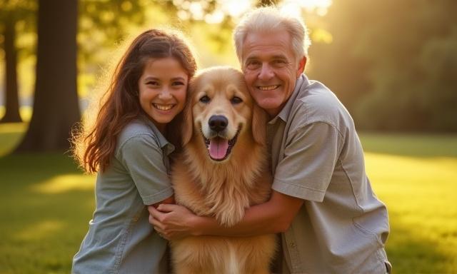 Happy adopted dog with family