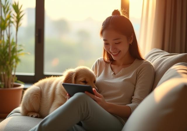 A happy pet owner safely browsing on a tablet
